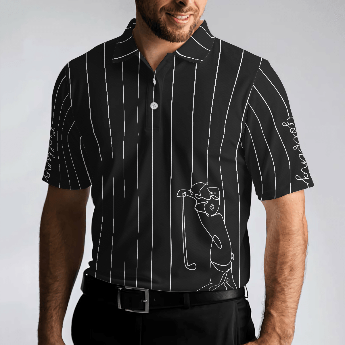 Men Polo Shirt - Black & White Single Line Continuous Golfer Shirt Polo Shirt, Vertical Lines Golfing Polo Shirt, Best Golf Shirt For Men - Amzanimalsgift