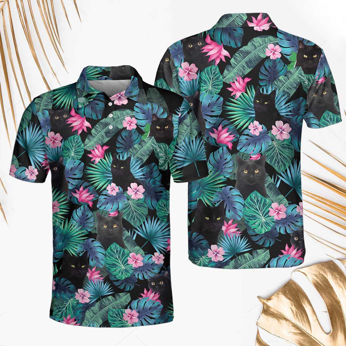 Men Polo Shirt - Black Cat Tropical Short Sleeve Polo Shirt, Cute Floral Polo Shirt, Best Golf Shirt For Men - Amzanimalsgift