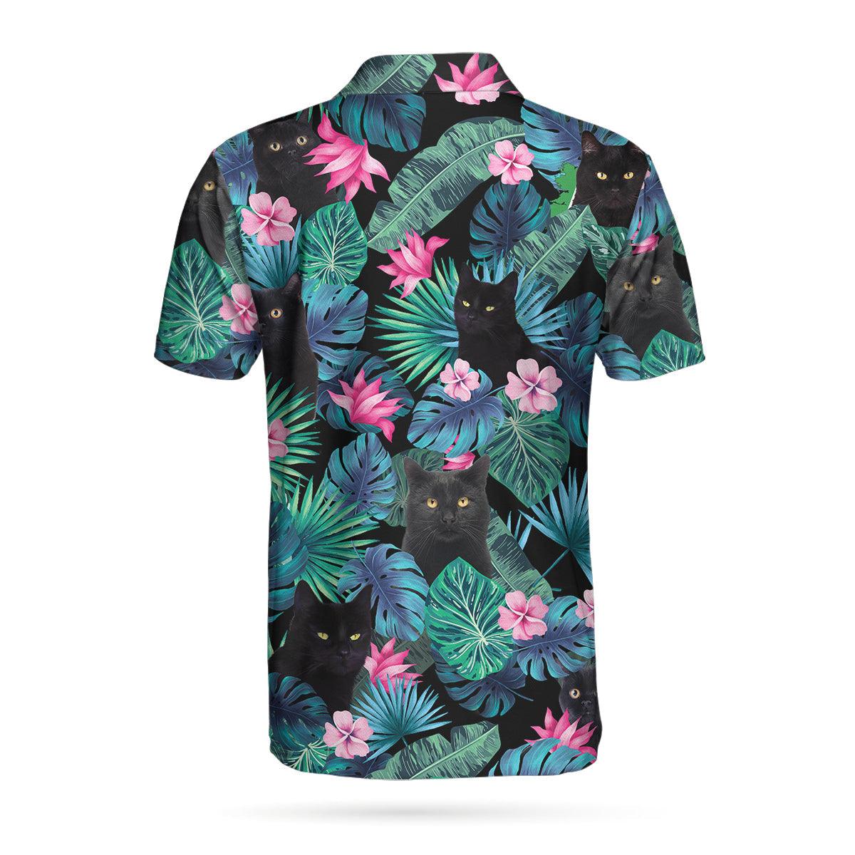 Men Polo Shirt - Black Cat Tropical Short Sleeve Polo Shirt, Cute Floral Polo Shirt, Best Golf Shirt For Men - Amzanimalsgift