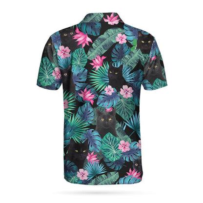 Men Polo Shirt - Black Cat Tropical Short Sleeve Polo Shirt, Cute Floral Polo Shirt, Best Golf Shirt For Men - Amzanimalsgift