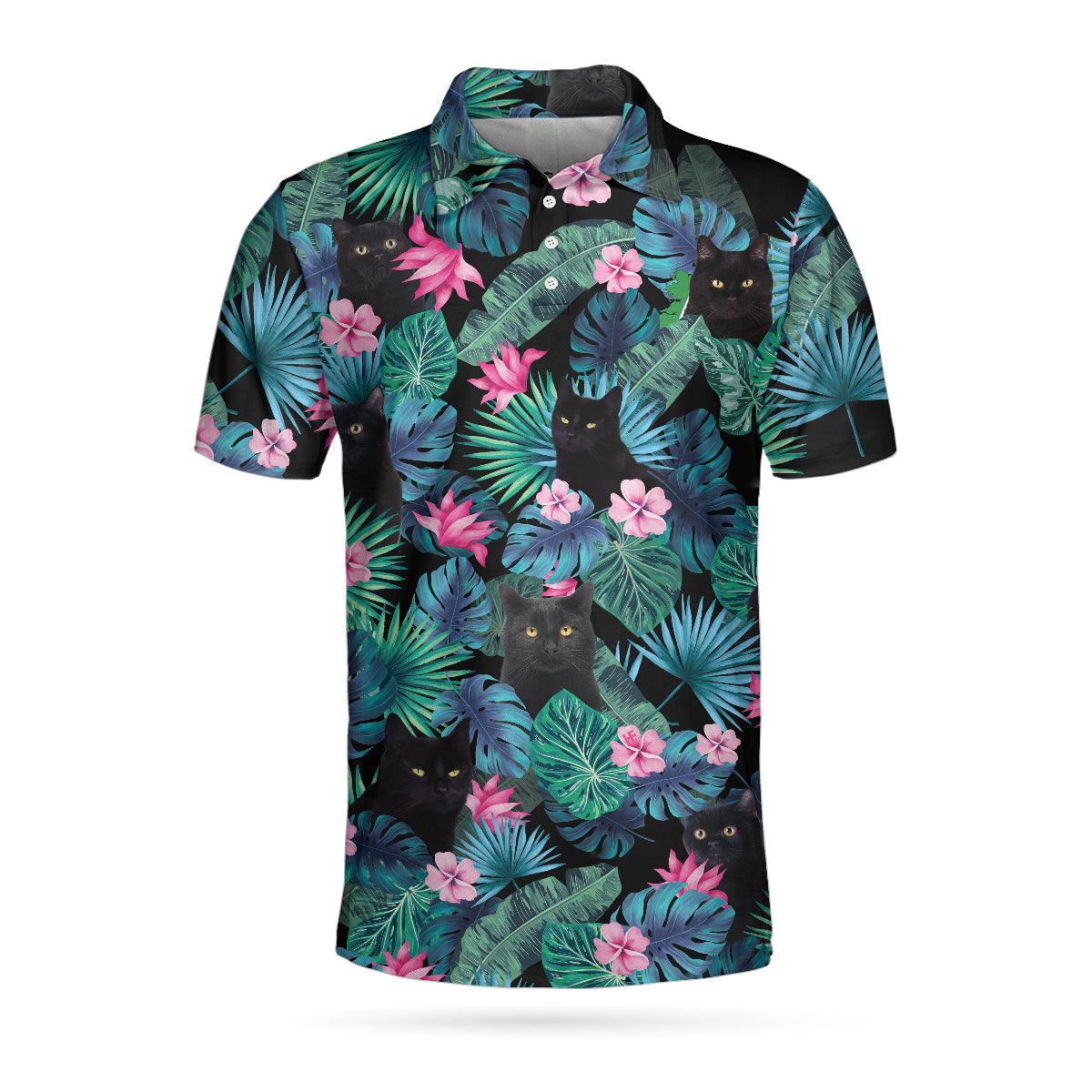 Men Polo Shirt - Black Cat Tropical Short Sleeve Polo Shirt, Cute Floral Polo Shirt, Best Golf Shirt For Men - Amzanimalsgift