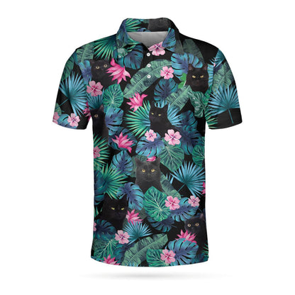 Men Polo Shirt - Black Cat Tropical Short Sleeve Polo Shirt, Cute Floral Polo Shirt, Best Golf Shirt For Men - Amzanimalsgift