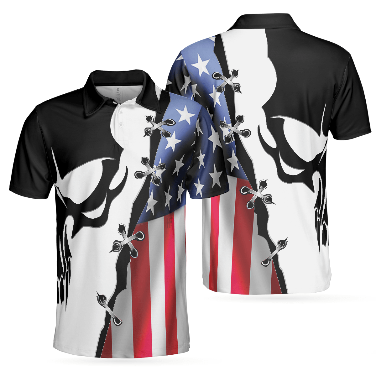 Men Polo Shirt - Black Skull Billiards Short Sleeve Polo Shirt, American Flag Polo Shirt, Best Billiards Shirt For Men - Amzanimalsgift