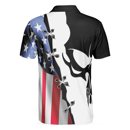 Men Polo Shirt - Black Skull Billiards Short Sleeve Polo Shirt, American Flag Polo Shirt, Best Billiards Shirt For Men - Amzanimalsgift