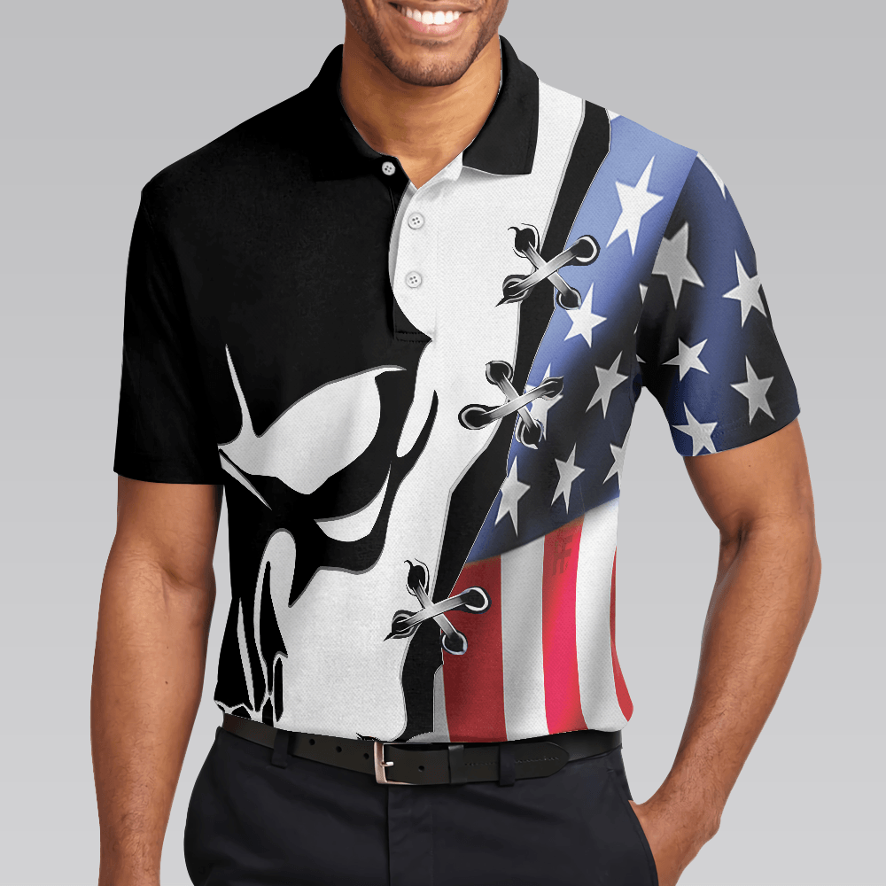 Men Polo Shirt - Black Skull Billiards Short Sleeve Polo Shirt, American Flag Polo Shirt, Best Billiards Shirt For Men - Amzanimalsgift
