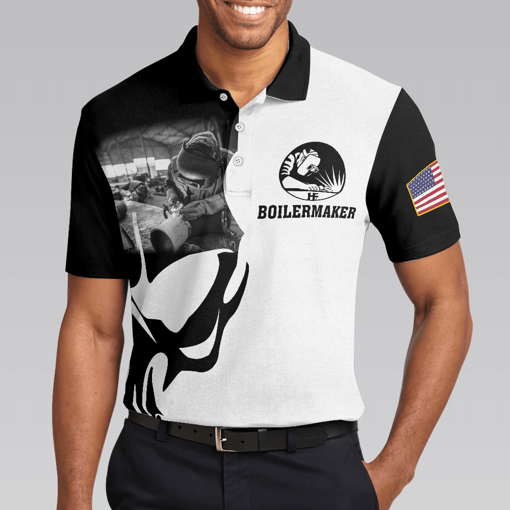 Men Polo Shirt - Boilermaker Proud Black And White Short Sleeve Skull Polo Shirt, Best Boilermaker Shirt For Men - Amzanimalsgift