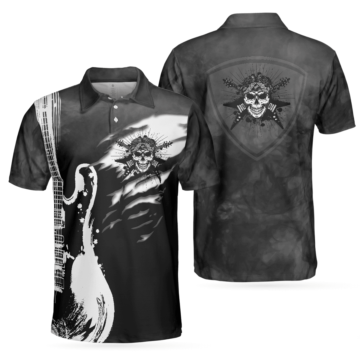 Men Polo Shirt - Guitar And Skull Men Polo Shirt, Streetwear Polo Shirt, Black And White Guitar Shirt For Men - Amzanimalsgift