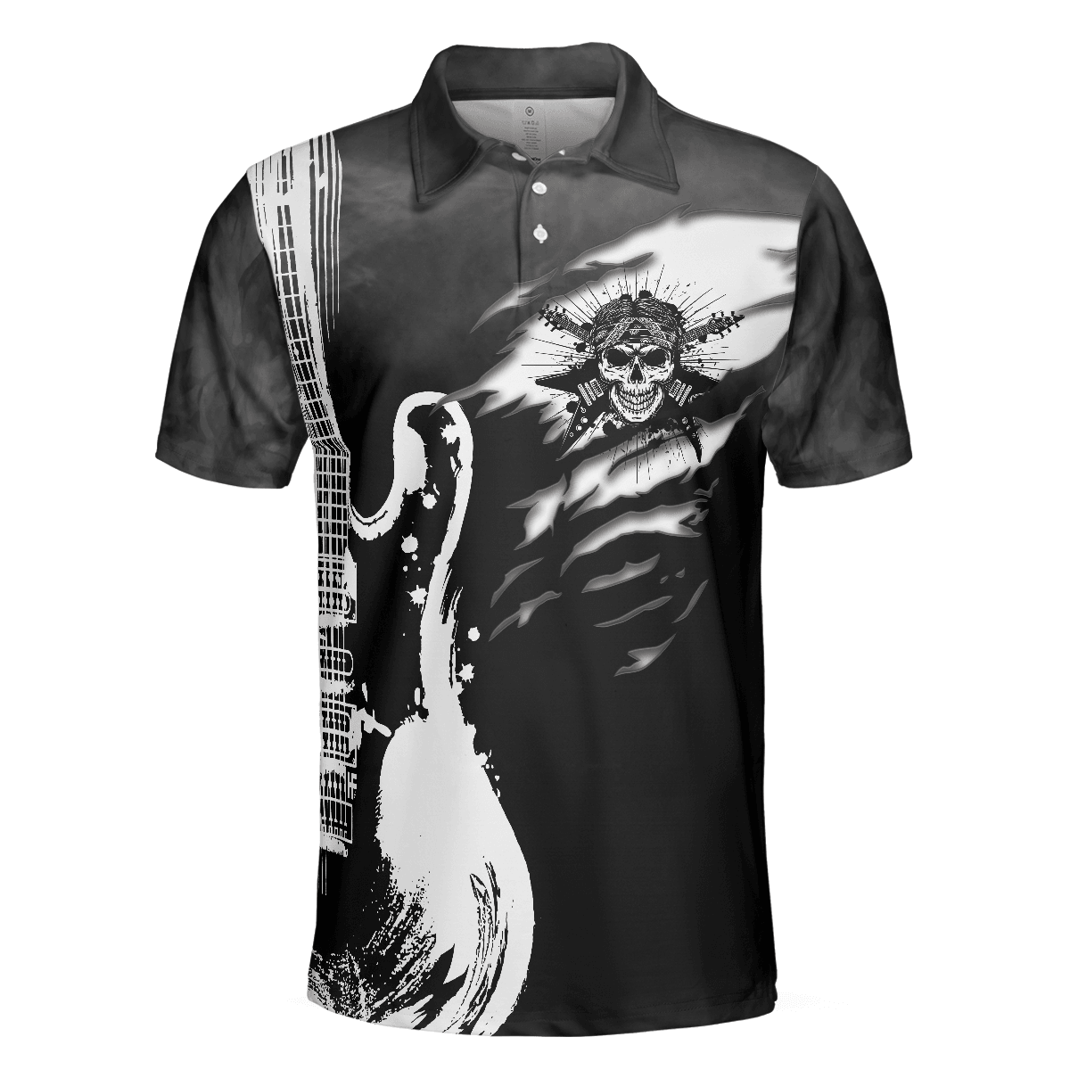 Men Polo Shirt - Guitar And Skull Men Polo Shirt, Streetwear Polo Shirt, Black And White Guitar Shirt For Men - Amzanimalsgift