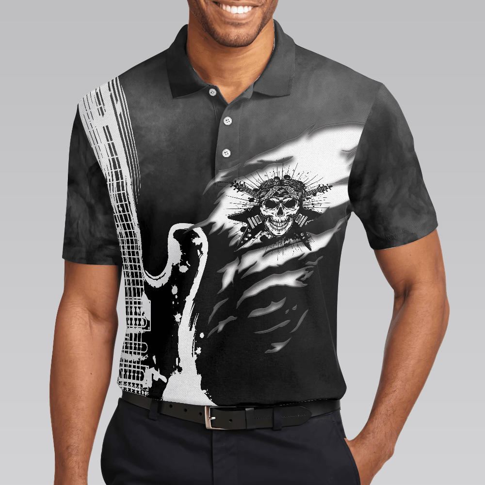 Men Polo Shirt - Guitar And Skull Men Polo Shirt, Streetwear Polo Shirt, Black And White Guitar Shirt For Men - Amzanimalsgift