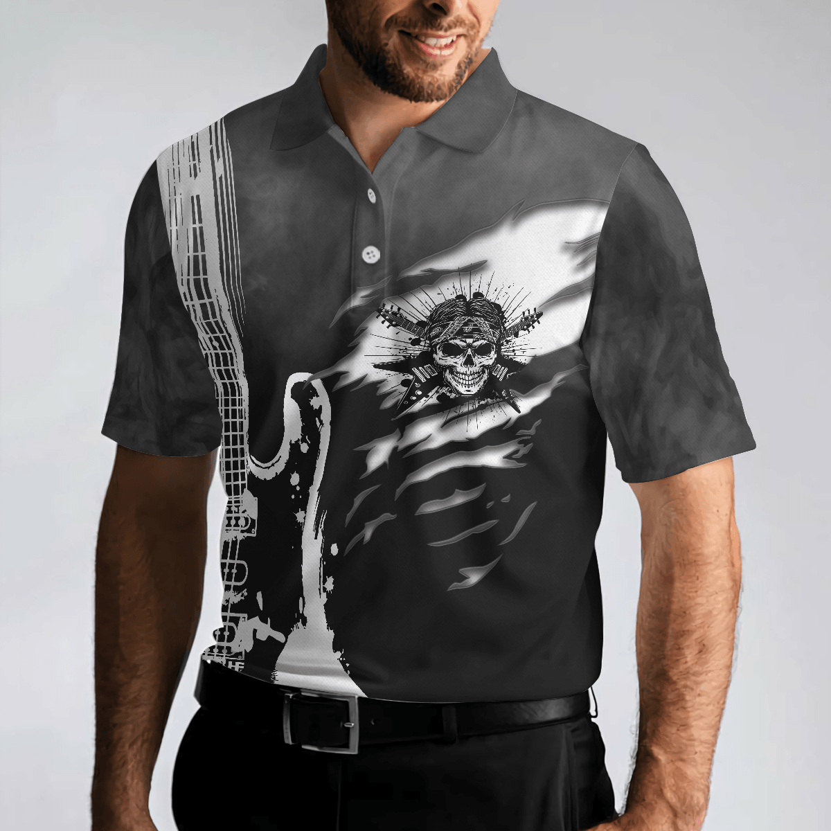 Men Polo Shirt - Guitar And Skull Men Polo Shirt, Streetwear Polo Shirt, Black And White Guitar Shirt For Men - Amzanimalsgift