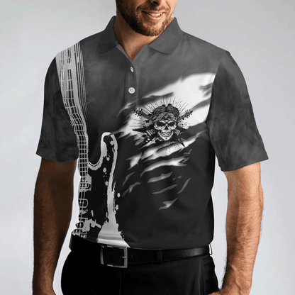 Men Polo Shirt - Guitar And Skull Men Polo Shirt, Streetwear Polo Shirt, Black And White Guitar Shirt For Men - Amzanimalsgift
