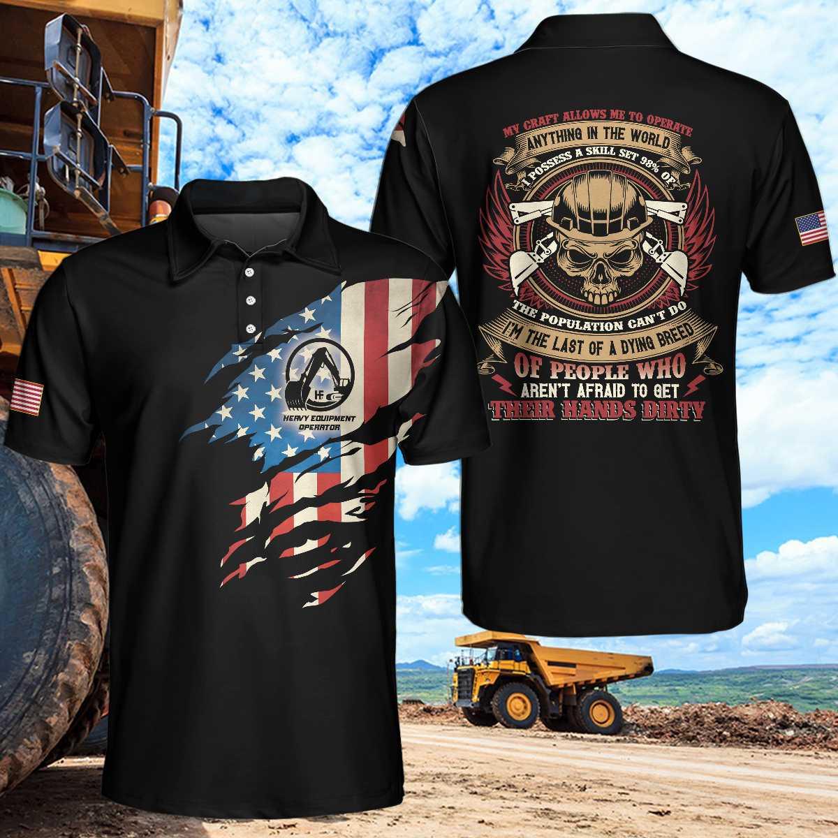 Men Polo Shirt - Skull Heavy Equipment Operator US Flag Men , Heavy Equipment Operator My Craft Allows Me To Operate Anything Polo Shirt For Men - Amzanimalsgift