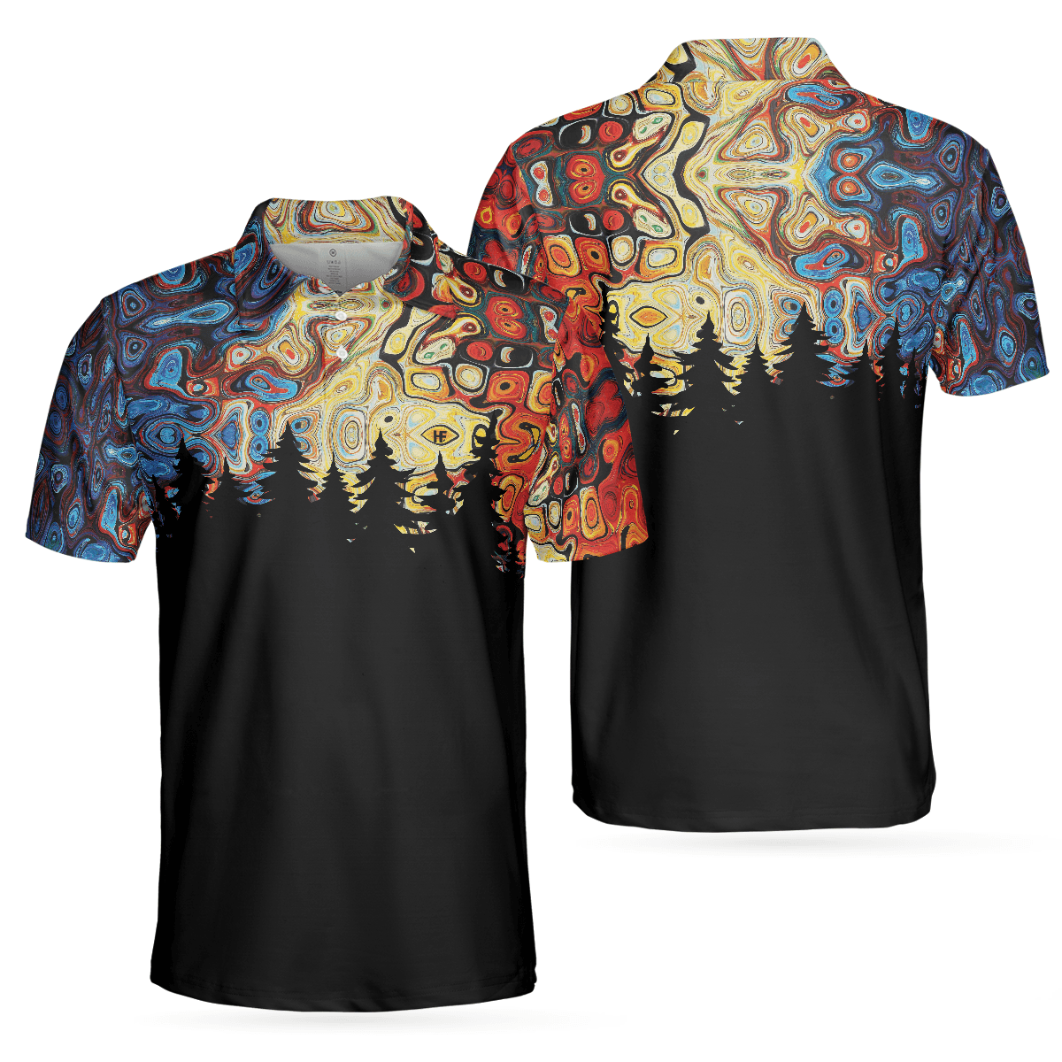 Men Polo Shirt - Sky Wavy Abstract Seamless Pattern Polo Shirt, Silhouette Pine Forest Polo Shirt, Black Golf Shirt For Men - Amzanimalsgift