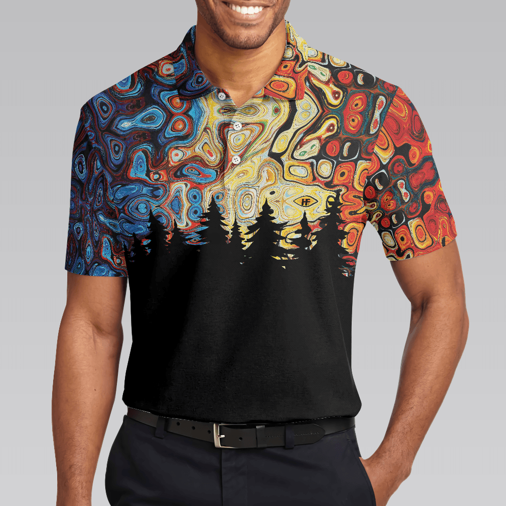 Men Polo Shirt - Sky Wavy Abstract Seamless Pattern Polo Shirt, Silhouette Pine Forest Polo Shirt, Black Golf Shirt For Men - Amzanimalsgift