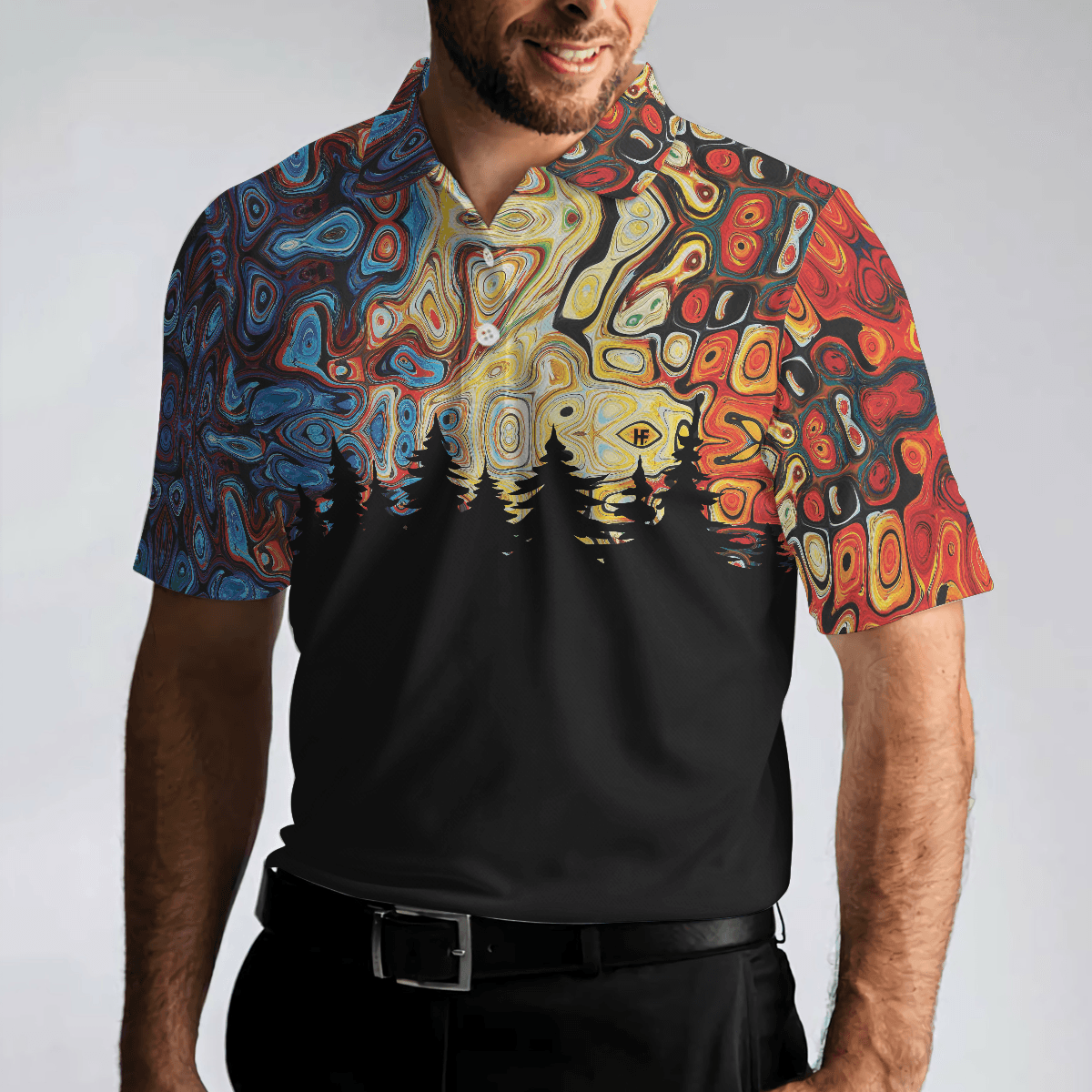 Men Polo Shirt - Sky Wavy Abstract Seamless Pattern Polo Shirt, Silhouette Pine Forest Polo Shirt, Black Golf Shirt For Men - Amzanimalsgift