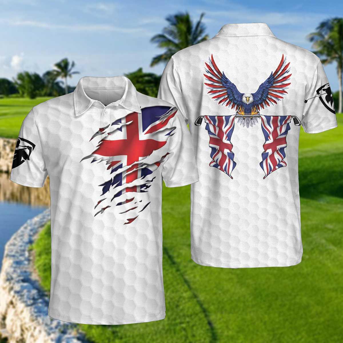 Men Polo Shirt - United Kingdom Eagle Flag Polo Shirt, Golf Pattern Ripped Great Britain Jack Polo Shirt, UK Golf Shirt - Perfect Gift For Men - Amzanimalsgift