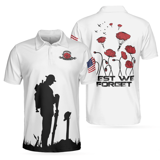 Men Polo Shirt - US Veteran Lest We Forget Polo Shirt, Military American Flag Golf Shirt - Perfect Gift For Men - Amzanimalsgift