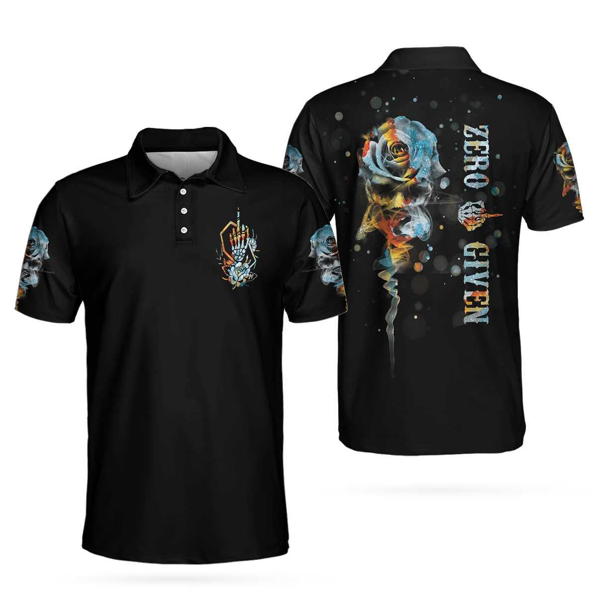 Men Polo Shirt - Zero Fck Given Skull Roses Polo Shirt, Colorful Rose Middle Finger Polo Shirt, Best Golf Shirt - Perfect Gift For Men - Amzanimalsgift