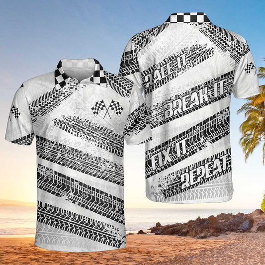 Men Racing Polo Shirt - Race It Break It Fix It Polo Shirt, Black And White Bike Tires Polo Shirt, Best Racing Shirt For Men - Amzanimalsgift