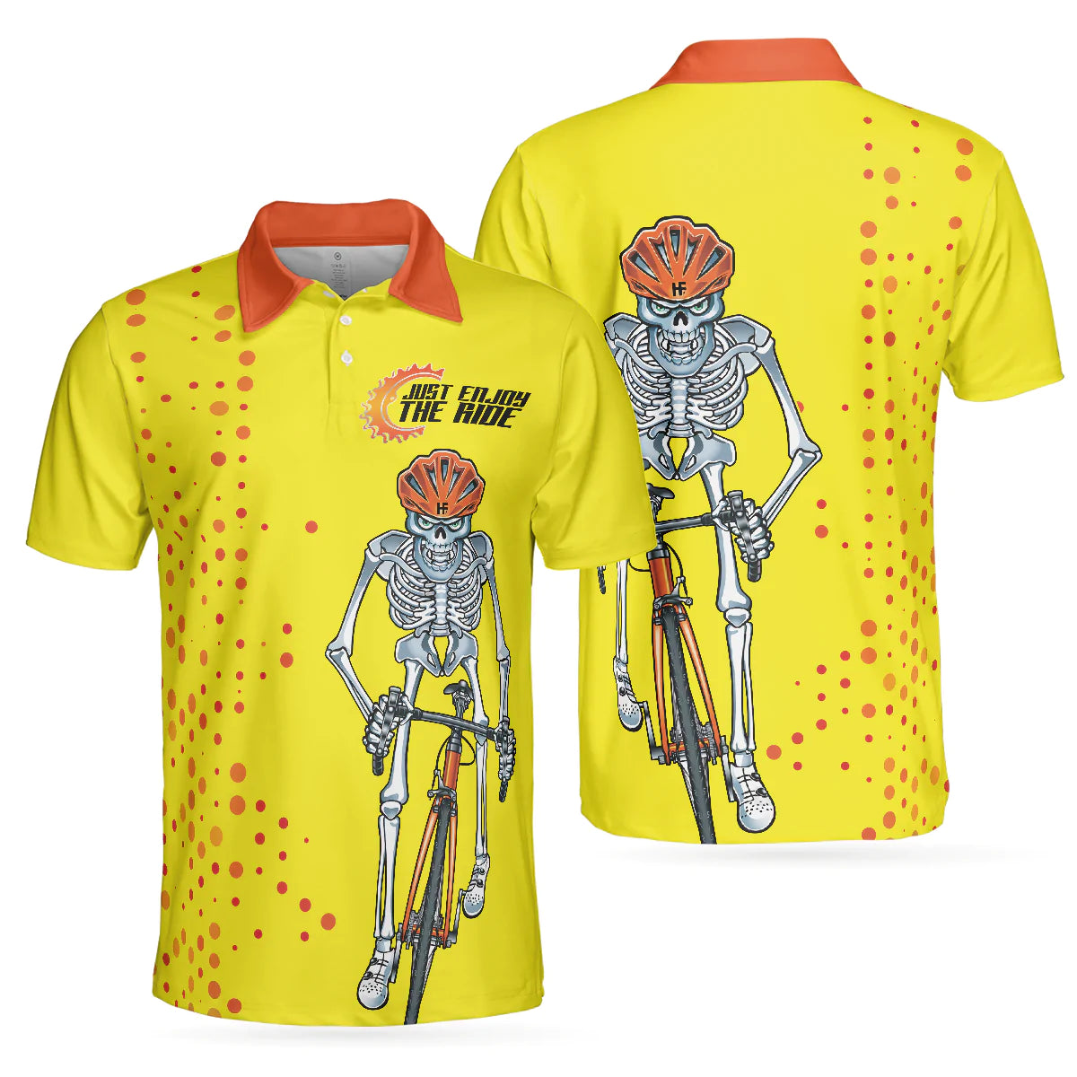 Men Ride Polo Shirt - Just Enjoy The Ride Men Polo Shirt, Yellow Skeleton Cyclist Polo Shirt, Best Cycling Shirt For Men - Amzanimalsgift