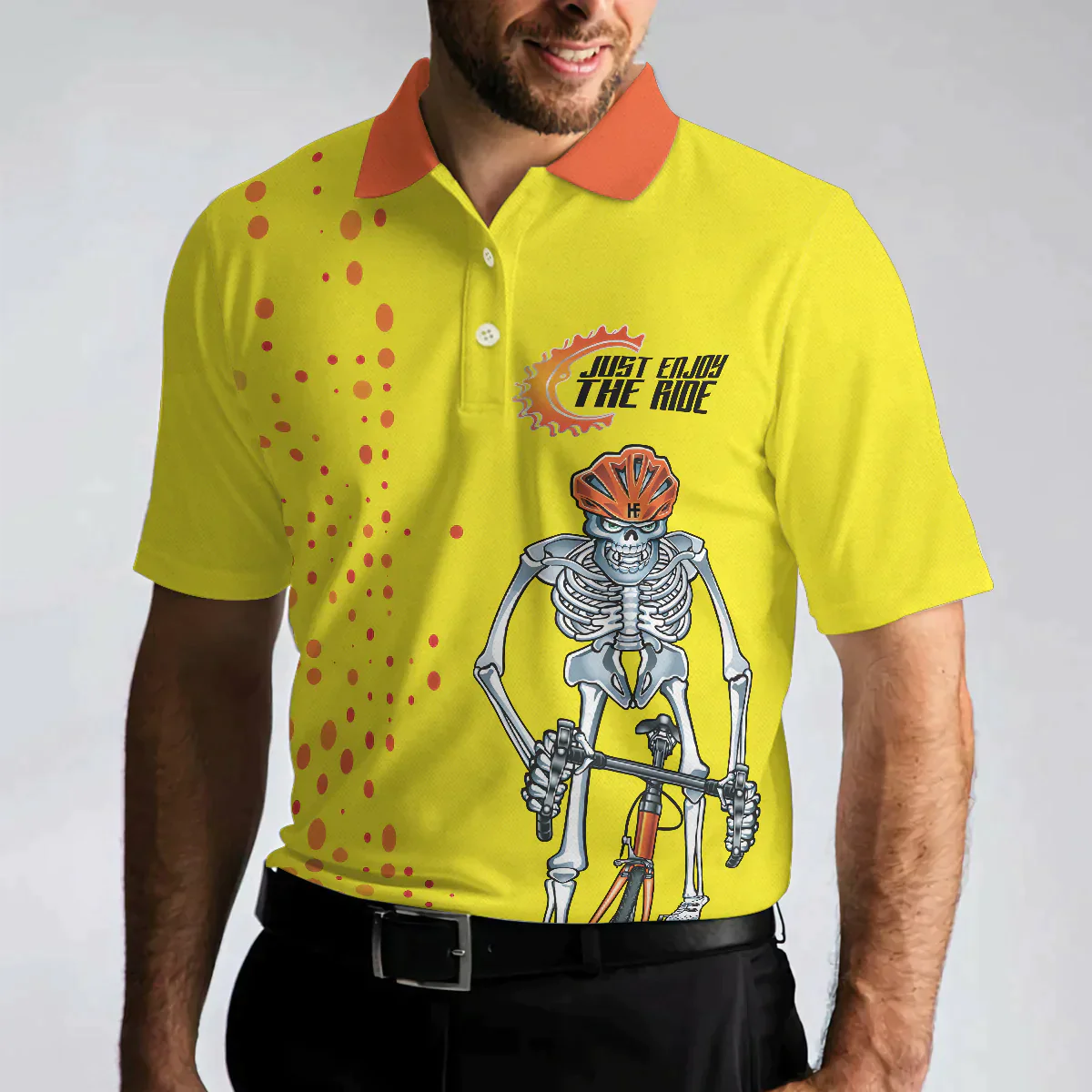 Men Ride Polo Shirt - Just Enjoy The Ride Men Polo Shirt, Yellow Skeleton Cyclist Polo Shirt, Best Cycling Shirt For Men - Amzanimalsgift
