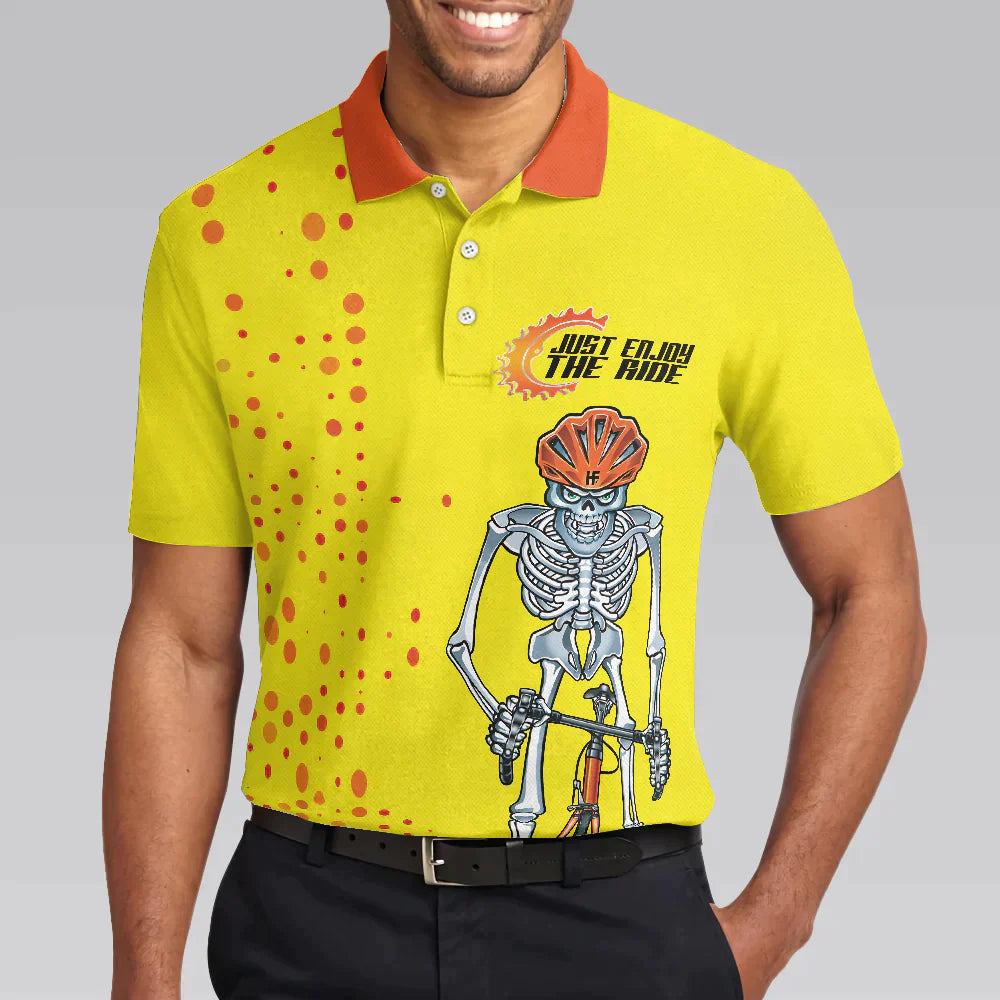 Men Ride Polo Shirt - Just Enjoy The Ride Men Polo Shirt, Yellow Skeleton Cyclist Polo Shirt, Best Cycling Shirt For Men - Amzanimalsgift