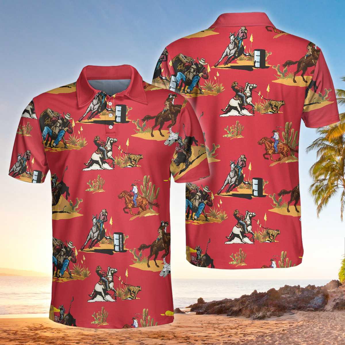 Men Roofer Cowboy Shirt - Rodeo Seamless Pattern Men Polo Shirt, Red Texas Cowboy Polo Shirt, Rodeo Shirt For Male - Amzanimalsgift