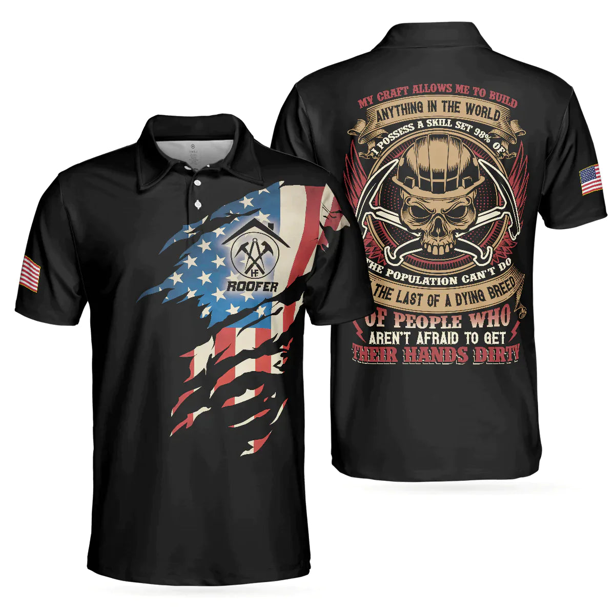 Men Roofer Polo Shirt - Skull Ripped American Flag Roofer Men Polo Shirt, Roofer My Craft Allows Me To Build Anything Shirt For Male - Amzanimalsgift