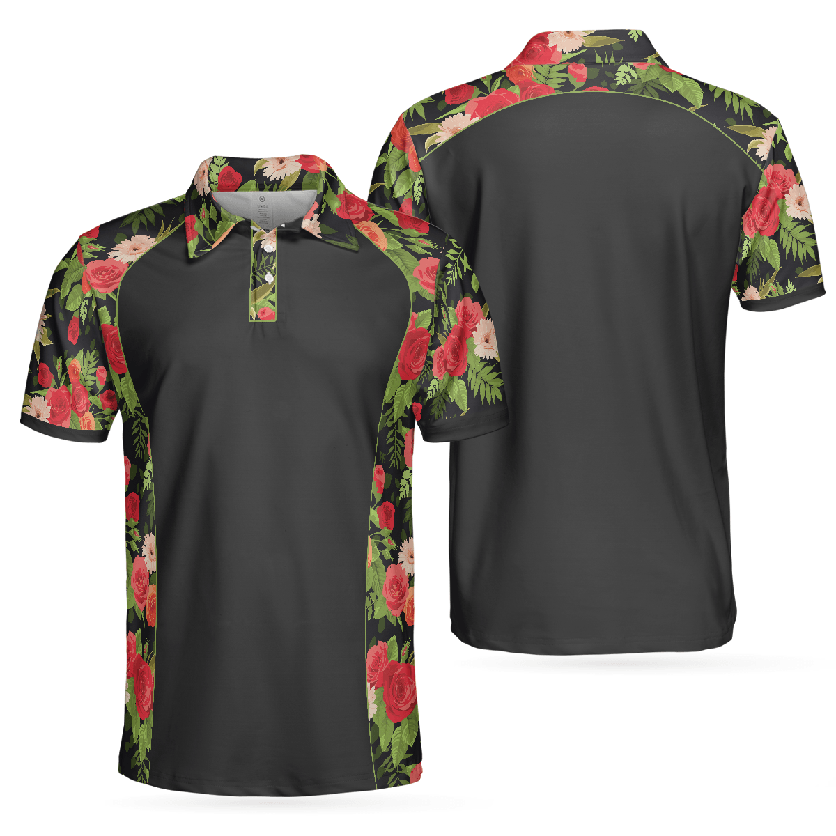 Men Rose Polo Shirt - Tropical Roses Pattern Polo Shirt, Black Polo Shirt With Roses, Print Roses Pattern Shirt For Adults - Perfect Gift For Men - Amzanimalsgift