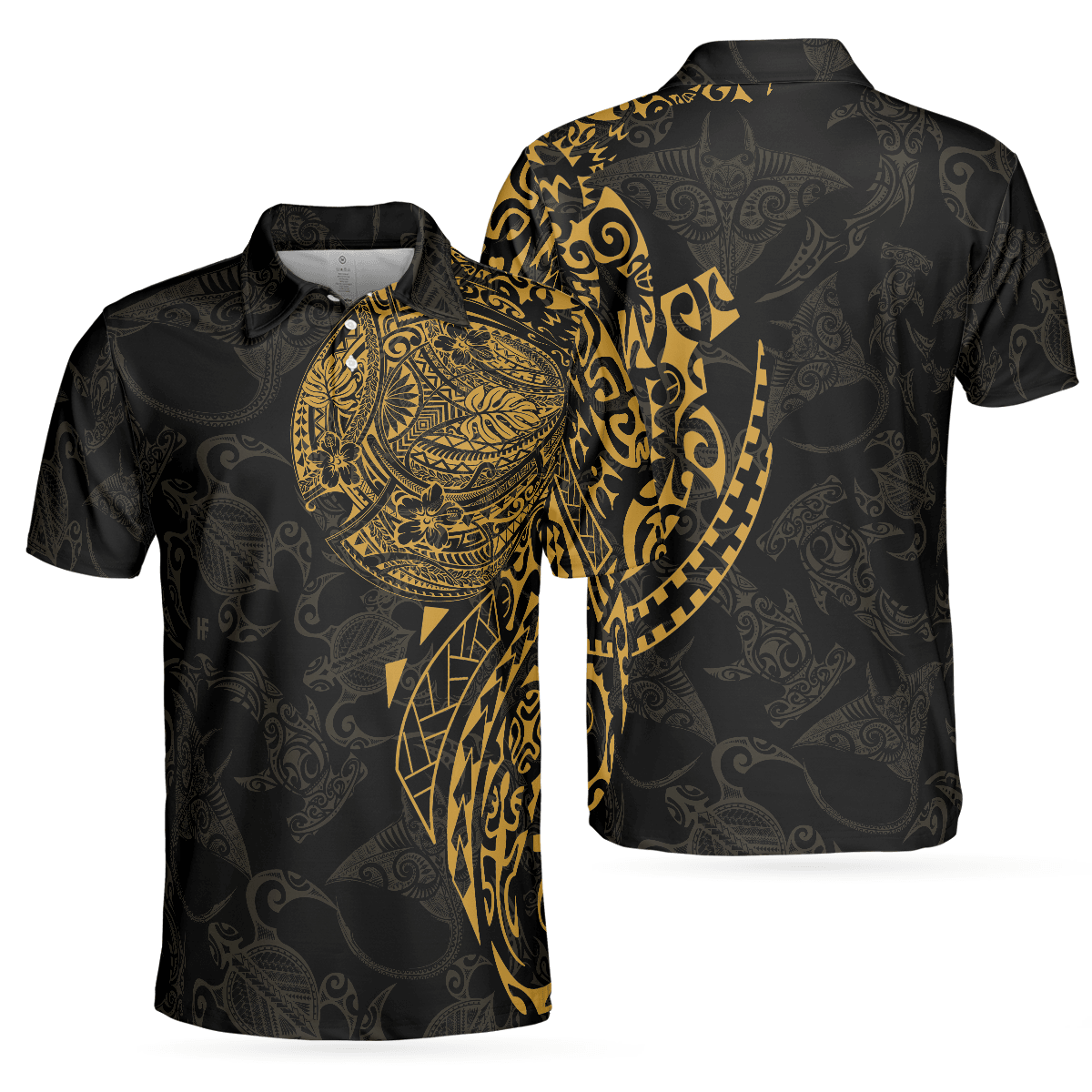 Men Sea Turtle Polo Shirt - Strong And Cool Polynesian Pattern Polo Shirt, Luxury Black And Gold Shirt For Men, Sea Turtle Polo Shirt For Men - Amzanimalsgift
