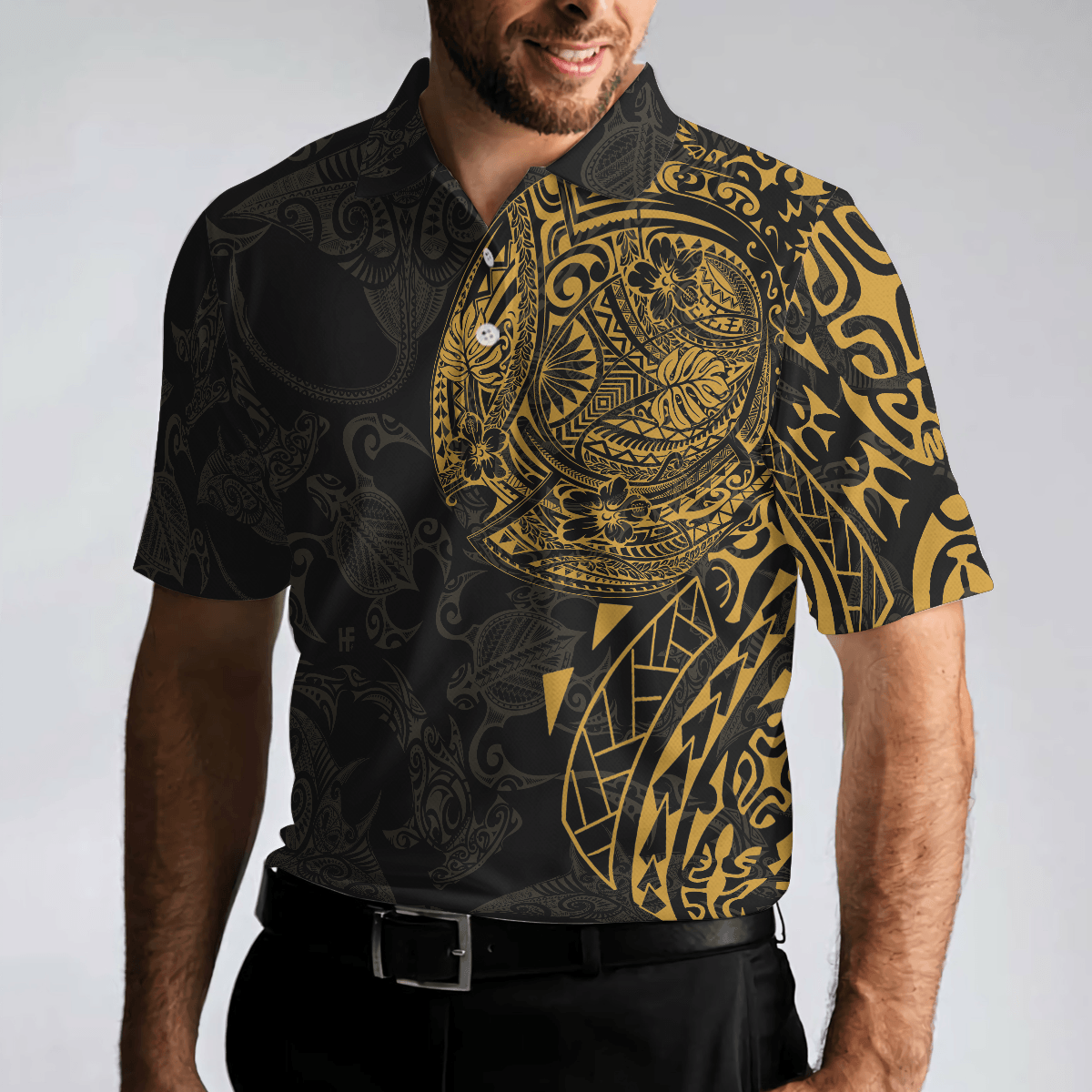 Men Sea Turtle Polo Shirt - Strong And Cool Polynesian Pattern Polo Shirt, Luxury Black And Gold Shirt For Men, Sea Turtle Polo Shirt For Men - Amzanimalsgift