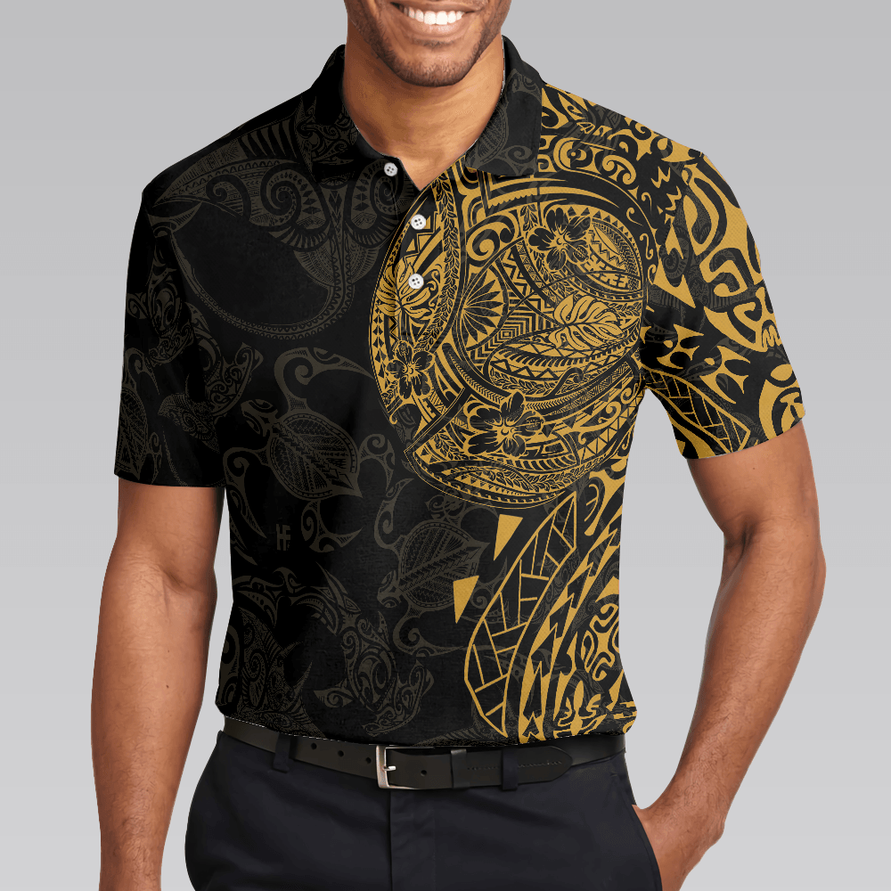Men Sea Turtle Polo Shirt - Strong And Cool Polynesian Pattern Polo Shirt, Luxury Black And Gold Shirt For Men, Sea Turtle Polo Shirt For Men - Amzanimalsgift