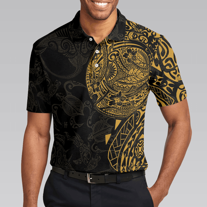 Men Sea Turtle Polo Shirt - Strong And Cool Polynesian Pattern Polo Shirt, Luxury Black And Gold Shirt For Men, Sea Turtle Polo Shirt For Men - Amzanimalsgift
