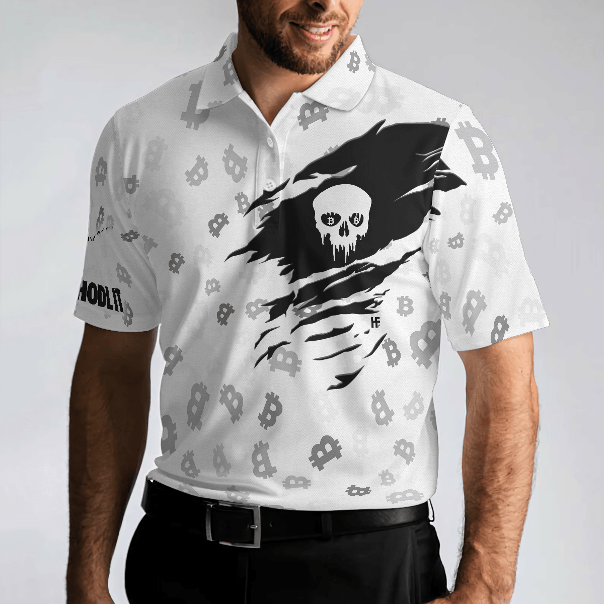 Men Skull Polo Shirt - Black And White Skull Cryptocurrency Shirt, Bitcoin Short Sleeve Shirt Design - Perfect Gift For Men - Amzanimalsgift