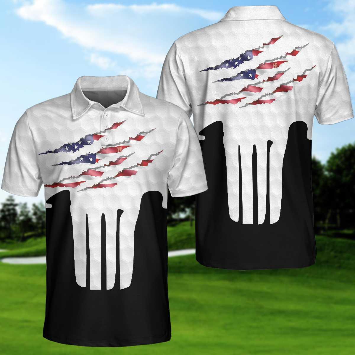 Men Skull Polo Shirt - Ripped Skull American Flag Men Polo Shirt, Golf Pattern Polo Shirt, Best Golf Shirt For Male - Amzanimalsgift