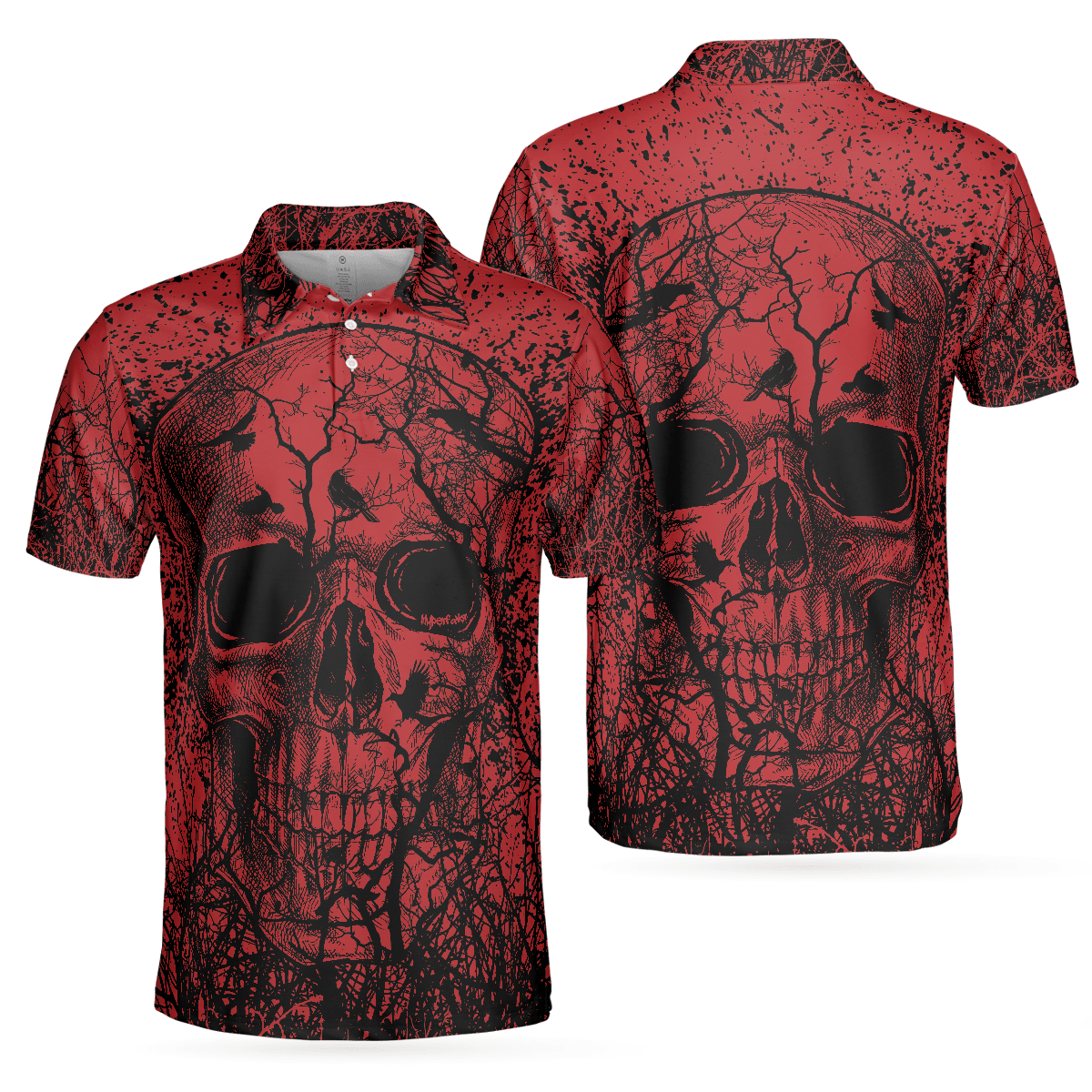 Men Skull Polo Shirt - Skull Crow Black And Red Polo Shirt, Dark Forrest Skull Crow Shirt For Men, Best Polo Shirt For Halloween - Perfect Gift For Men - Amzanimalsgift