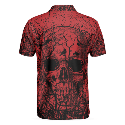 Men Skull Polo Shirt - Skull Crow Black And Red Polo Shirt, Dark Forrest Skull Crow Shirt For Men, Best Polo Shirt For Halloween - Perfect Gift For Men - Amzanimalsgift