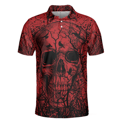 Men Skull Polo Shirt - Skull Crow Black And Red Polo Shirt, Dark Forrest Skull Crow Shirt For Men, Best Polo Shirt For Halloween - Perfect Gift For Men - Amzanimalsgift