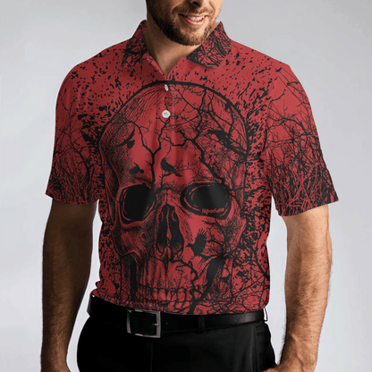 Men Skull Polo Shirt - Skull Crow Black And Red Polo Shirt, Dark Forrest Skull Crow Shirt For Men, Best Polo Shirt For Halloween - Perfect Gift For Men - Amzanimalsgift