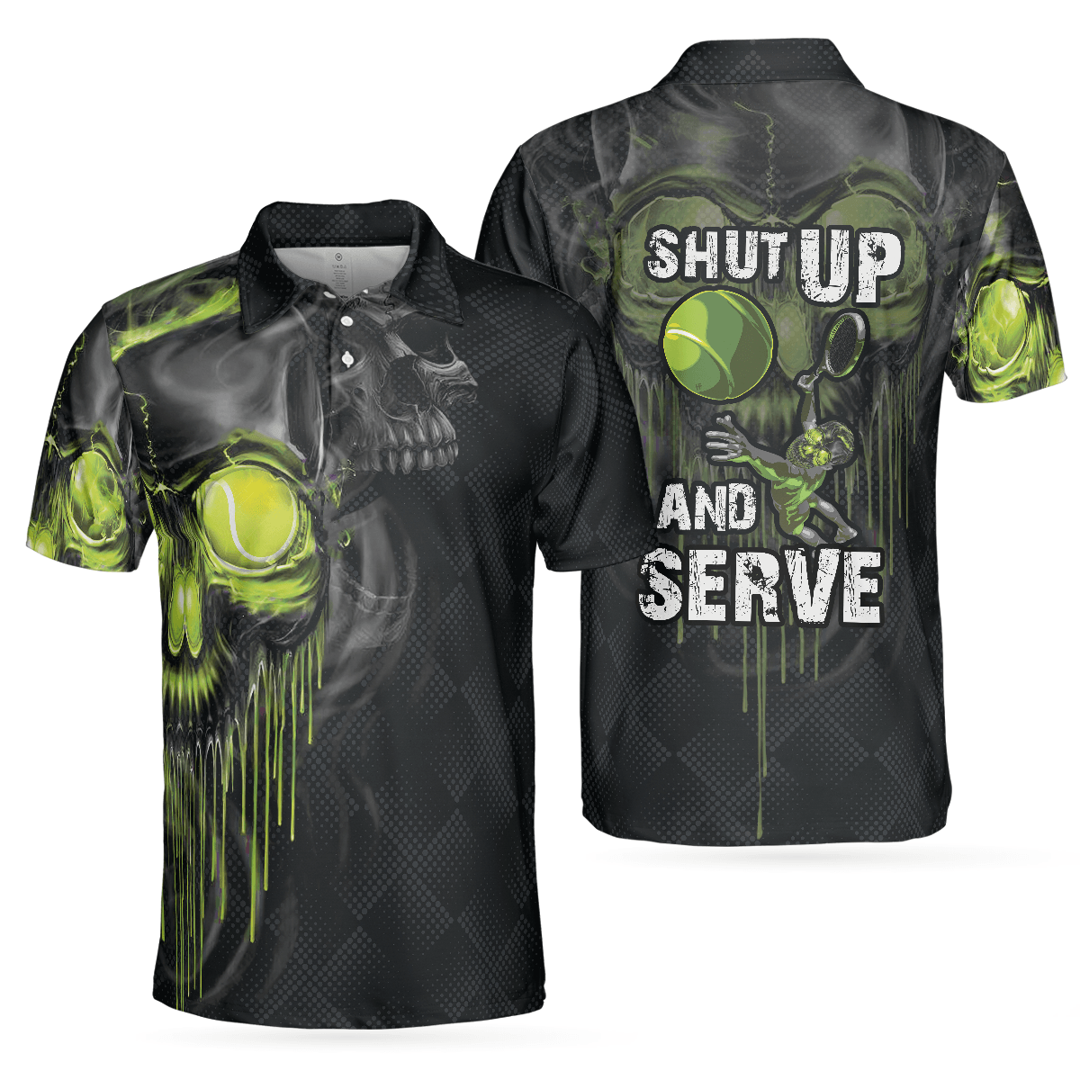 Men Tennis Polo Shirt - Skull Tennis Polo Shirt, Scary Skull Graphic Tennis Shirt For Tennis Lovers, Halloween Tennis Gift Idea For Men, Tennis Players - Amzanimalsgift