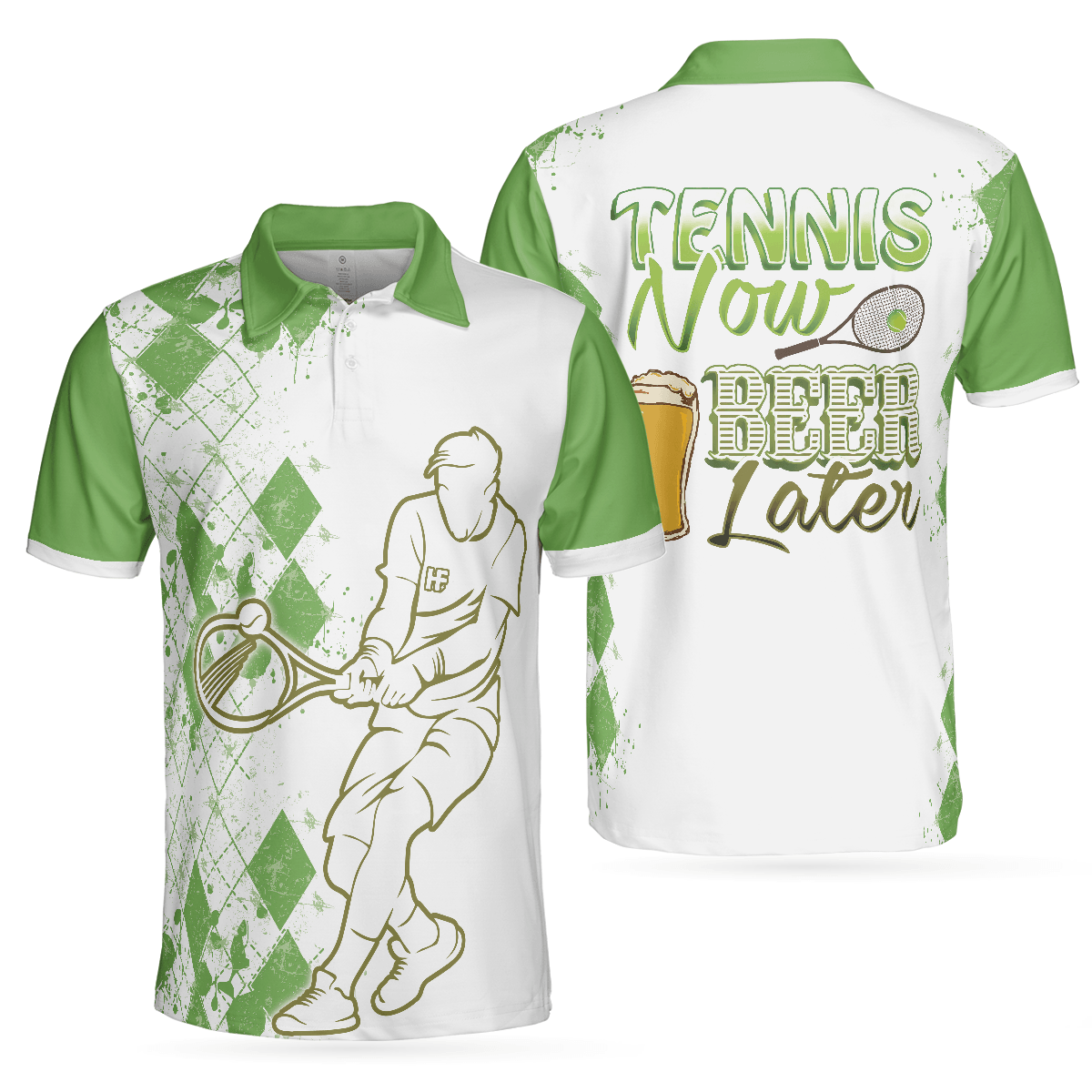 Men Tennis Polo Shirt, Tennis Now Beer Later Polo Shirt, White And Green Tennis Shirt For Men - Perfect Gift For Men, Tennis Players - Amzanimalsgift