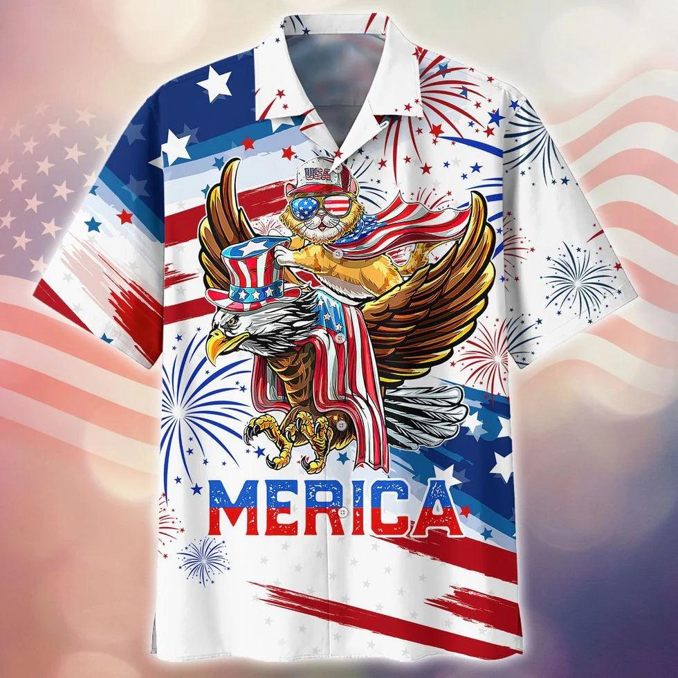 Merica Eagle And Cats Independence Day Aloha Hawaiian Shirts For Summer, Happy 4th Of July Hawaiian Shirt For Men Women, Patriotic Gift For Cat Lovers - Amzanimalsgift