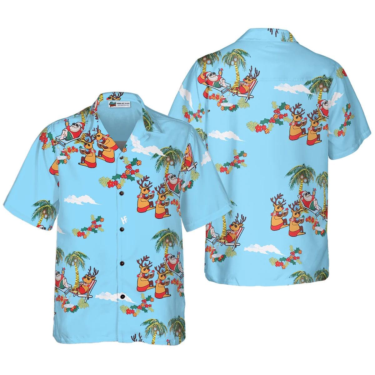 Merry Christmas Hawaiian Shirt, Santa Claus And Reindeer Hawaiian Shirt - Perfect Gift For Lover, Friend, Family - Amzanimalsgift