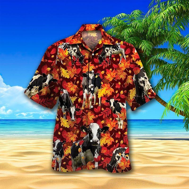 Milk Cow Aloha Hawaiian Shirt - Autumn Leaf Pattern Hawaiian Shirt, Holstein Milk Cow Hawaiian Shirt For Men & Women, Cow Lover - Amzanimalsgift