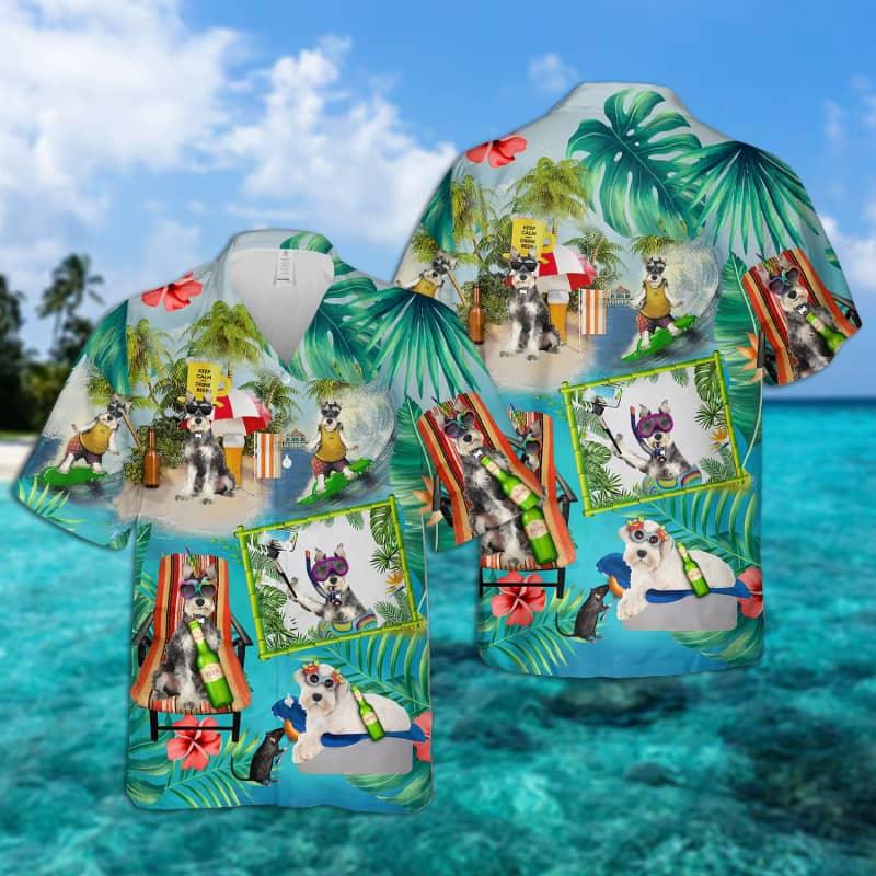 Miniature Schnauzer Hawaiian Shirt, Dog Surfing, Tropical Summer Aloha Shirt For Men - Perfect Gift For Miniature Schnauzer Lovers, Friend, Family - Amzanimalsgift