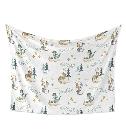 Fairytale Dragons Baby Kids Blanket With Customized Name For Baby Nursery, Son, Daughter, Granddaughter, Grandson