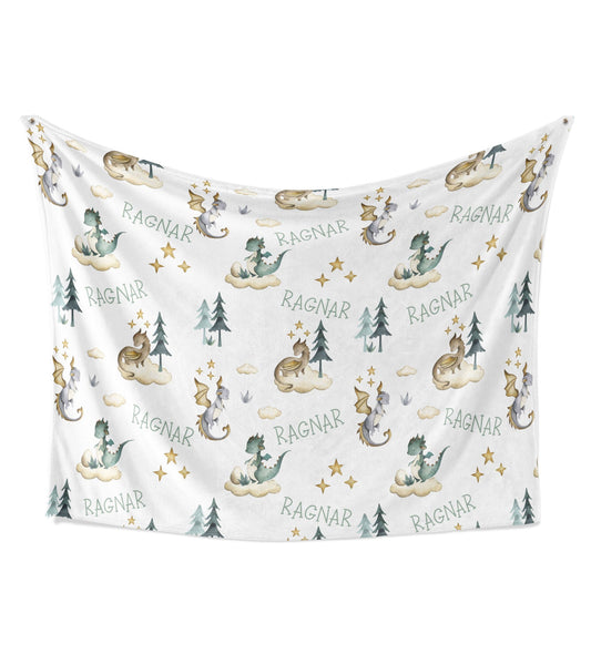 Fairytale Dragons Baby Kids Blanket With Customized Name For Baby Nursery, Son, Daughter, Granddaughter, Grandson