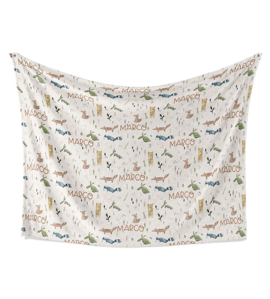 Scandi Woodland Baby Kids Blanket With Customized Name For Baby Nursery, Son, Daughter, Granddaughter, Grandson