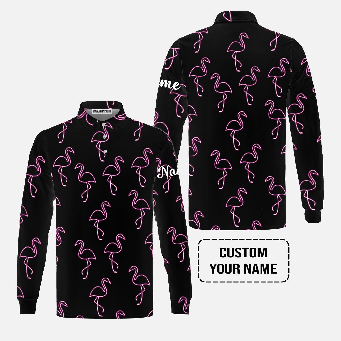 Flamingo Golf Long Sleeve Shirt - Custom Name Neon Pink Flamingos Pattern Apparel - Personalized Gift For Golf Lover, Team, Husband, Boyfriend, Men
