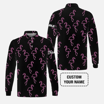 Flamingo Golf Long Sleeve Shirt - Custom Name Neon Pink Flamingos Pattern Apparel - Personalized Gift For Golf Lover, Team, Husband, Boyfriend, Men